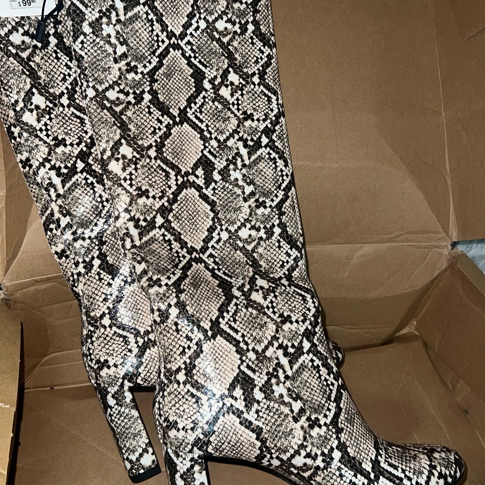 Black and White Snakeskin Heeled Knee-High Boots